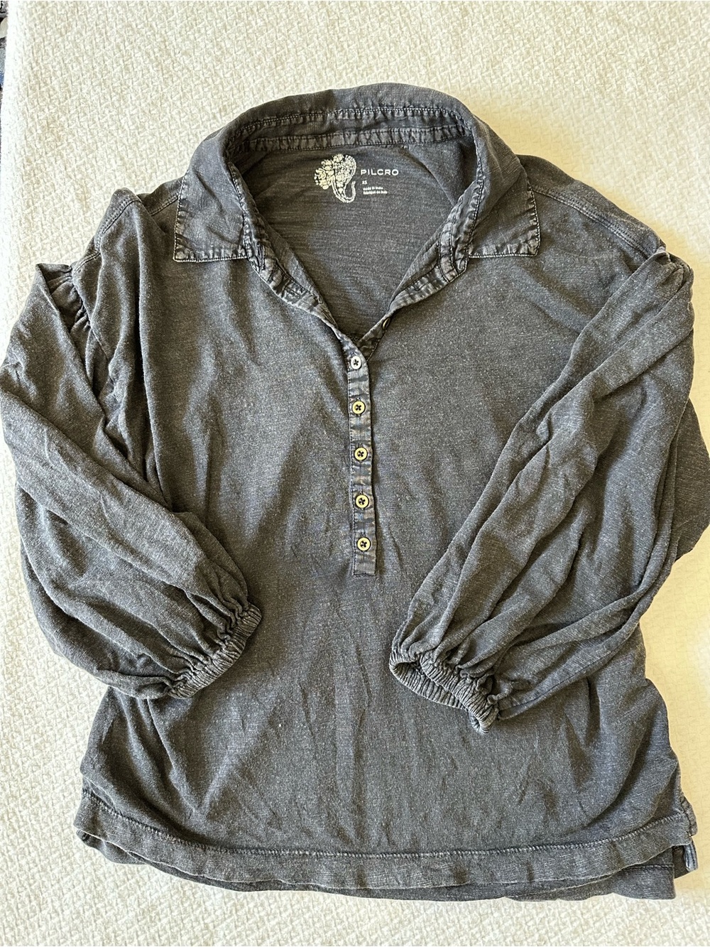 Pilcro Washed Charcoal Button-Front Polo Top XS